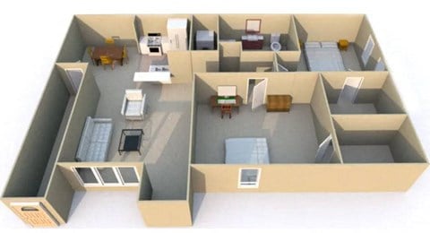 Floor plan for 2 beds, 1 bath, 1001 sqft